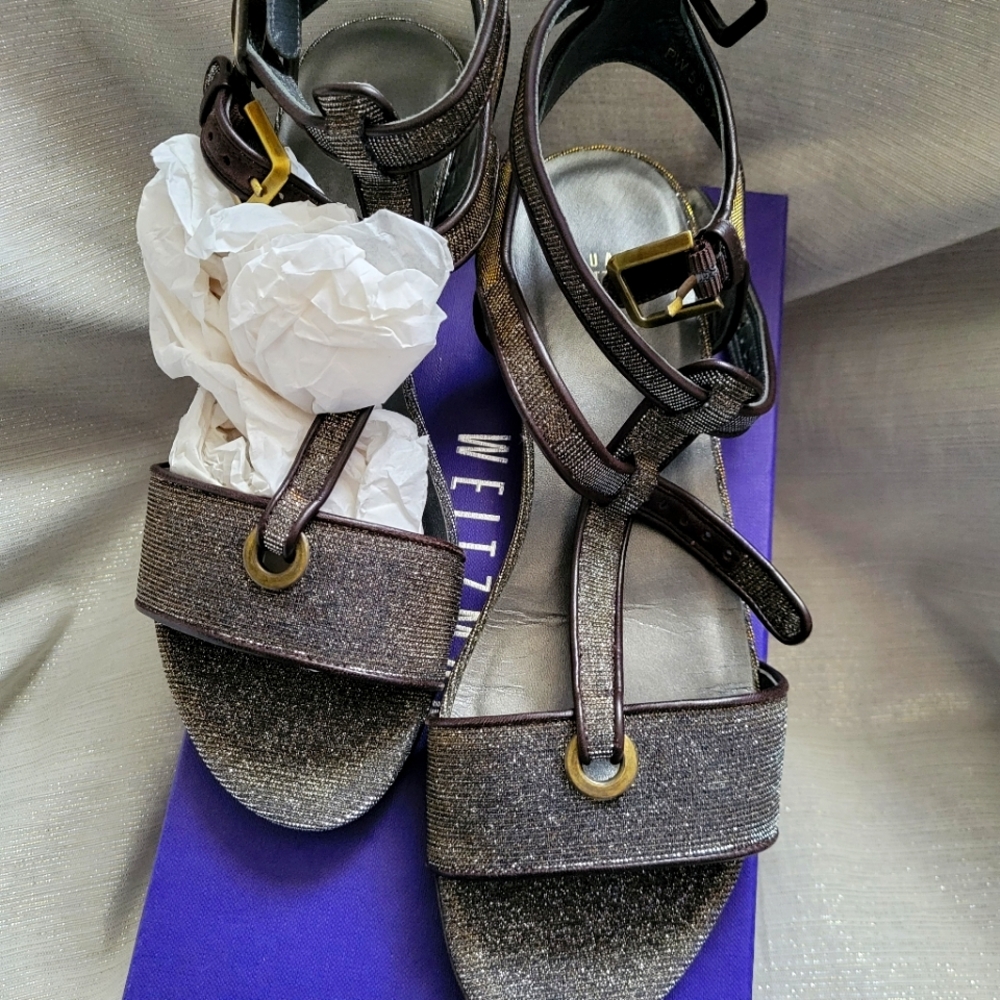 STUART WEITZMAN T STRAP SANDALS PYRITE GLITTER NEW 9.5 BLACK